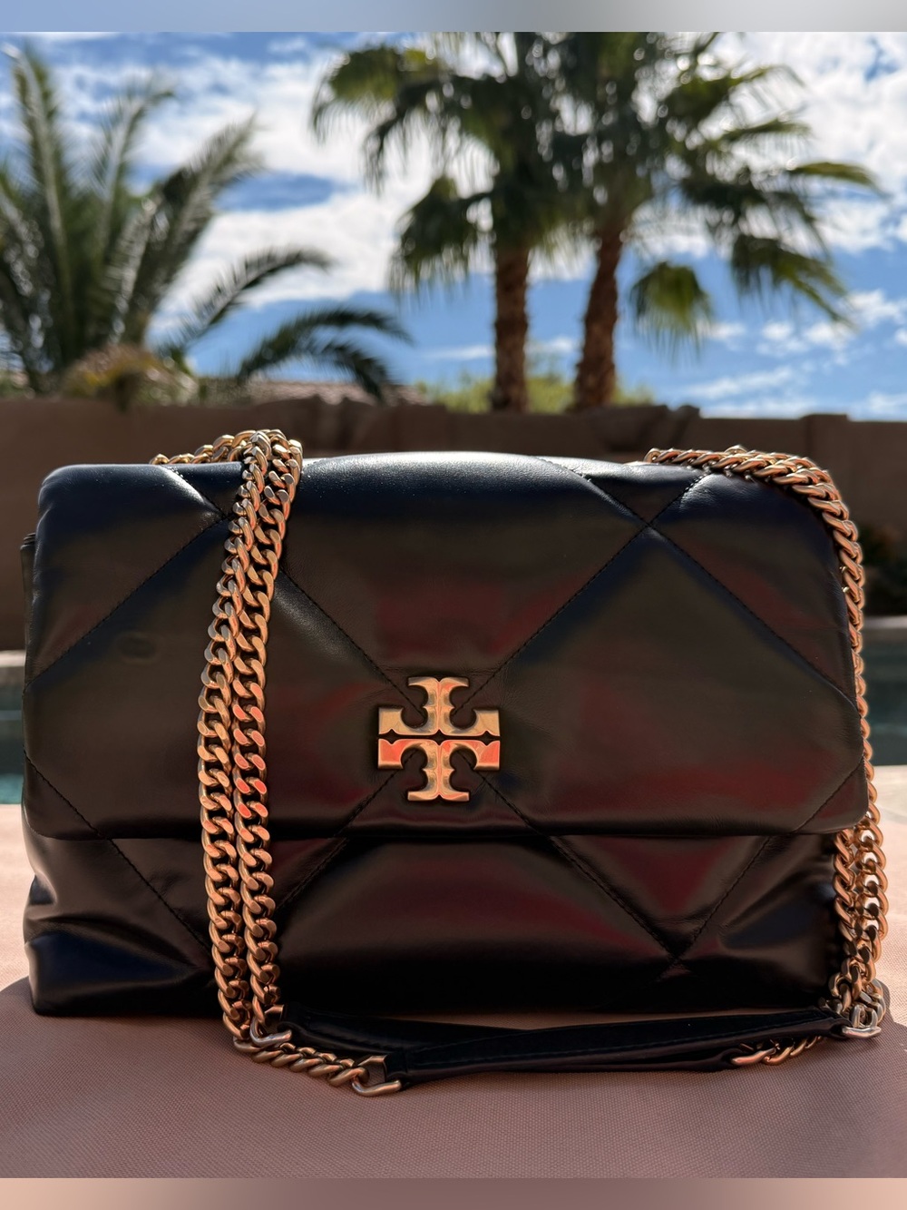 Tory Burch Black Kira Diamond Quilt Leather Shoulder Bag with Gold Chain